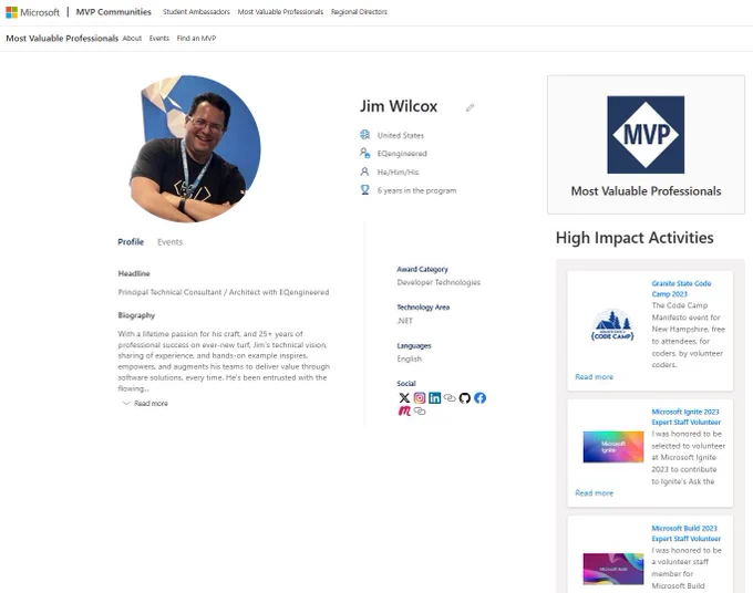 Microsoft MVP profile for Jim Wilcox as seen today on mvp.microsoft.com.