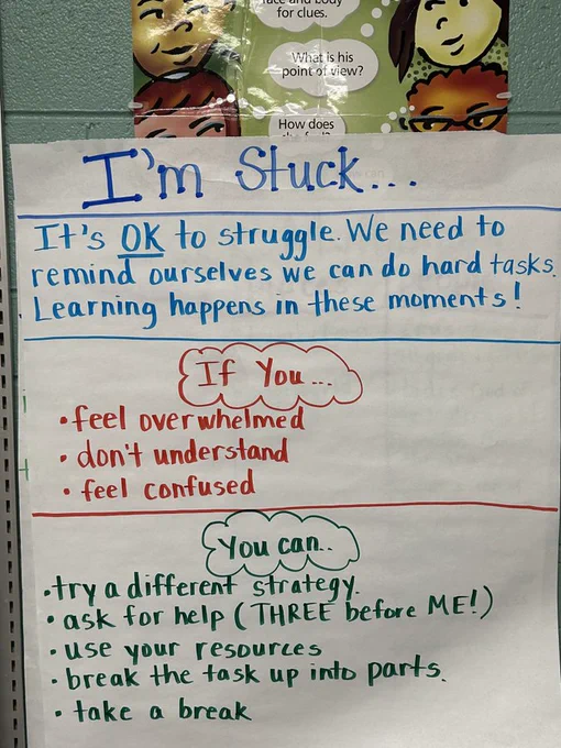 Anchor chart contains the message, "I'm Stuck ... It's OK to struggle. We need to remind ourselves we can do hard tasks. Learning happens in these moments!" Beneath are a list of things to try if students feel overwhelmed or confused.