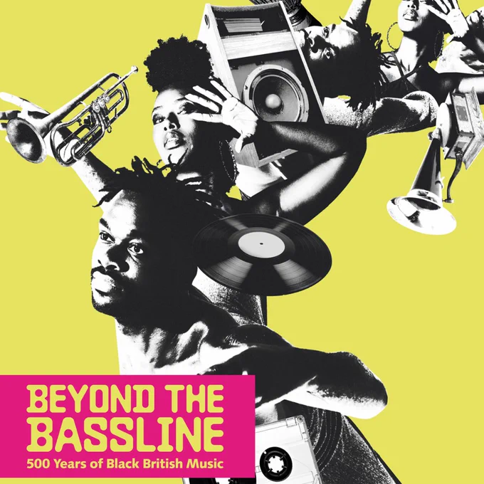 Images of black people and musical instruments. 

Logos for Warwickshire County Council, Warwickshire Libraries, Living Knowledge Network and British Library. 

Text reads: Beyond the Bassline. 500 Years of Black British Music.