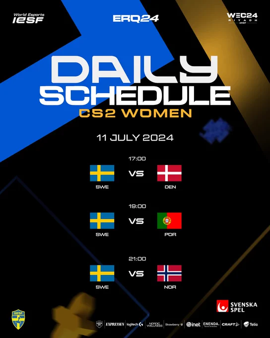 Ett schema till damlandslagets matcher den 11 juli.

17:00 Sverige vs Danmark

19:00 Sverige vs Portugal

21:00 Sverige vs Norge