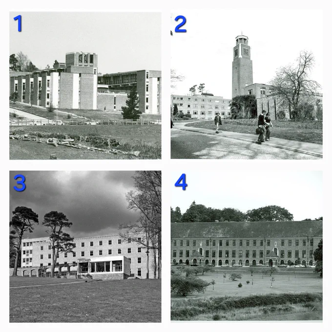 Collage of four black and white photographs from the University Archive showing buildings on University of Exeter's Streatham Campus. They are numbered 1 to 4. 