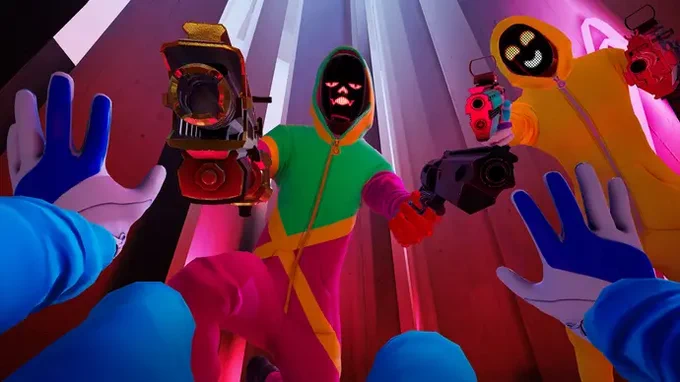 Frenzies screenshot showing characters in colourful onesies aiming guns