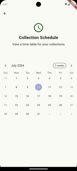 Page showing a calendar for dates when collection requests will be fulfilled.