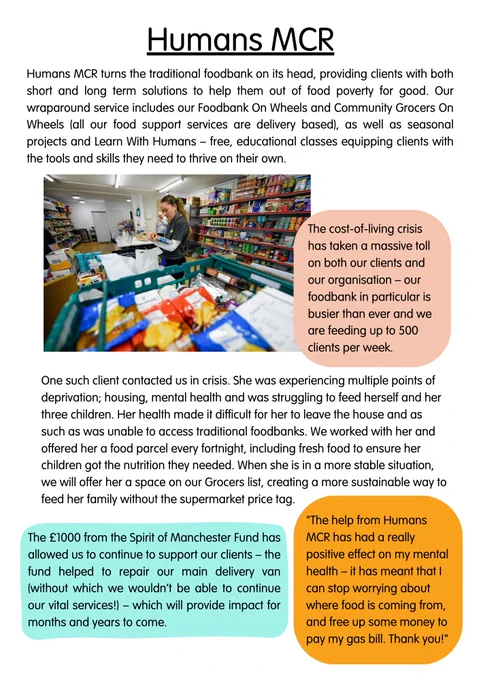 Humans MCR redefines foodbanks, offering both short and long-term solutions to end food poverty. Services include Foodbank On Wheels and Community Grocers On Wheels, plus free educational classes. The cost-of-living crisis has increased demand, feeding up to 500 clients weekly. With Spirit of Manchester Fund support, we repaired our delivery van, ensuring ongoing aid. A client shared. A woman organizing food items in a foodbank setting.