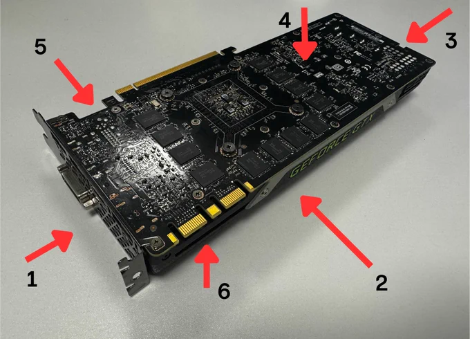 Image of a Graphics Card with arrows pointing to various surfaces on it.