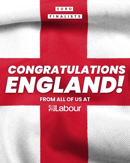 A graphic with the England flag and text reading: Euro finalists. Congratulations England! From all of us at Labour