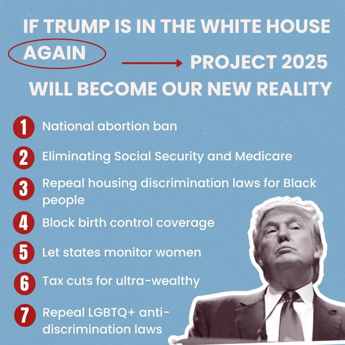 On a pale blue background, white text reads, “If Trump is in the White House again  (again is circled in red) [red arrow over] Project 2025 will become our new reality. (1) National abortion ban (2) Eliminating Social Security and Medicare (3) Repeal housing discrimination laws for Black people (4) Block birth control coverage (5) Let states monitor women (6) Tax cuts for ultra-wealthy (7) Repeal LGBTQ  anti-discrimination laws. In the bottom right corner, Trump is looking defiant in black and white, with his chin tilted up.