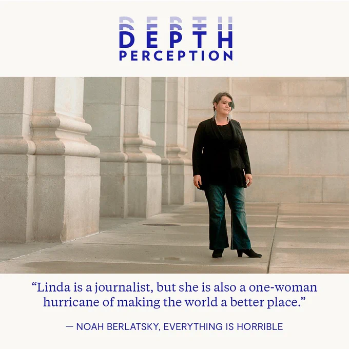 Photo of Linda Tirado with Depth Perception branding and text written in blue under photo, "Linda is a journalist, but she is also a one-woman hurricane of making the world a better place." -Noah Berlatsky, Everything is Horrible