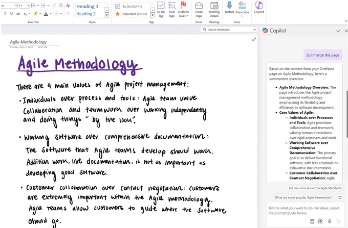 An image of the OneNote interface shows new scenarios using Ink in OneNote and Copilot.
