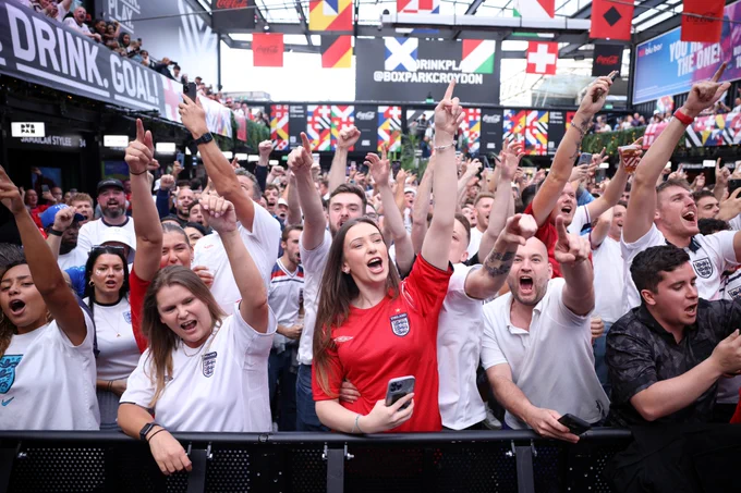 Fans supporting England at BoxPark, Croydon 