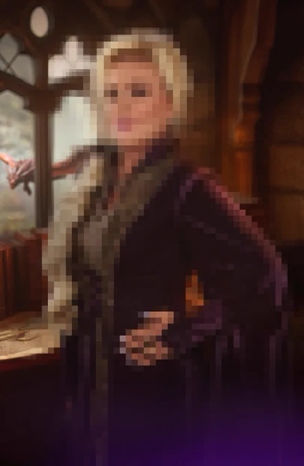 Imagem desfocada mostra uma pessoa de pele e cabelos claros e longos usando um vestido longo roxo enquanto posa para foto com a mão na cintura.
