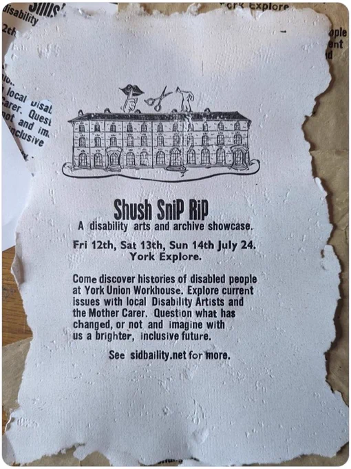 White handmade paper poster with illustration of York Union Workhouse and text