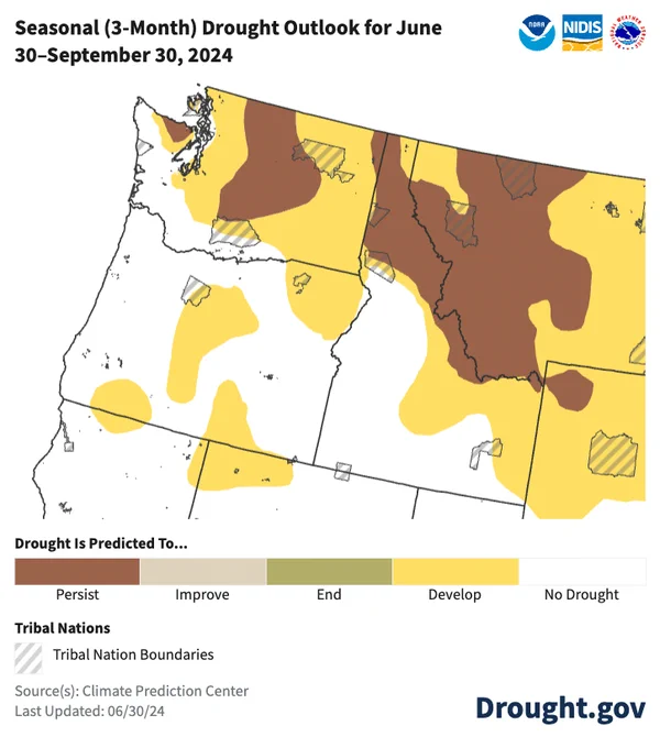 The latest seasonal drought outlook for June to September 2024 shows drought is expected to persist in areas of the Pacific Northwest where already present in Central Washington, the Olympic Peninsula, the Idaho Panhandle, and Western Montana. Drought is expected to expand in much of Washington; patches of central, southern and northeast Oregon; and eastern Idaho. 