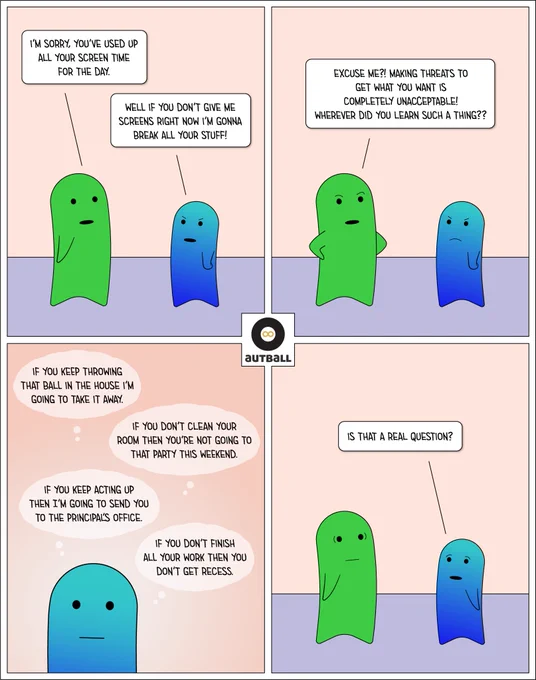 A 4 panel cartoon by Autball.

1: A green adult says to a light blue/blue child, “I’m sorry, you’ve used up all your screen time for the day.” The child looks angry and replies, “Well if you don’t give me screens right now I’m gonna break all your stuff!”

2: The adult stands with hands on hips and says to the child, “Excuse me?! Making threats to get what you want is completely unacceptable! Wherever did you learn such a thing??”

3: Close up of the child surrounded by four thought bubbles containing memories of things that were said to them:
1. If you keep throwing that ball in the house I’m going to take it away.
2. If you don’t clean your room you’re not going to that party this weekend.
3. If you keep acting up then I’m going to send you to the principal’s office.
4. If you don’t finish all your work then you don’t get recess.

4: The child asks the adult, “Is that a real question?” The adult looks like they’ve been called out.