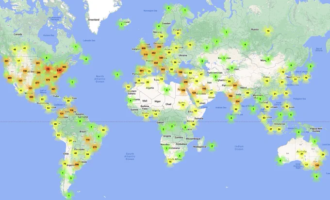 Geo-locations of all known cardiologists active on Twitter/X as of July 2024 per HealthQuant - HealthQuant.com