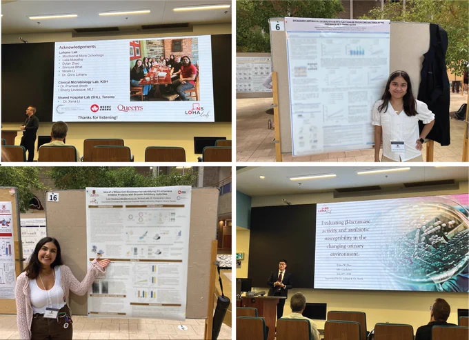 Photos of group members presenting slides and posters.