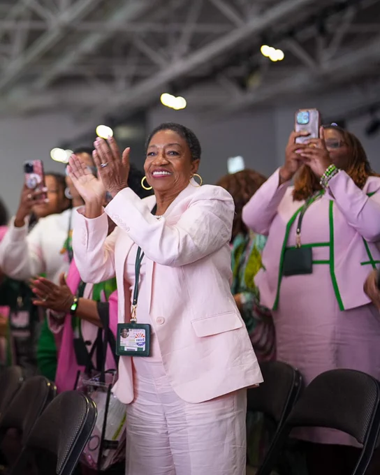 Members of Alpha Kappa Alpha Sorority, Inc. list as Vice President Harris delivers keynote remarks at the 71st Boule in Dallas, TX.