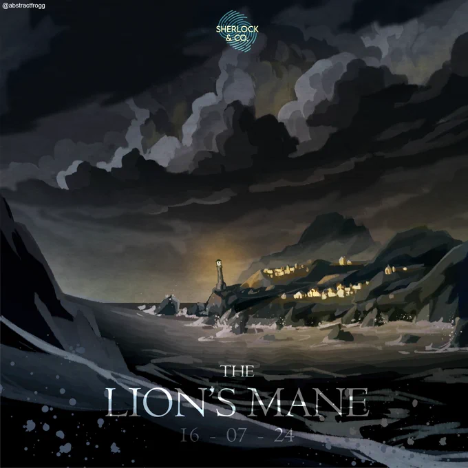 'The Lion's Mane - 16/07/24' a rough, choppy sea laps against the rocky bluffs of a small inhabited island. The island is rugged and dark clouds gather above the glowing lighthouse and homes.