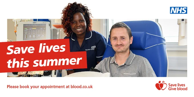 Save lives this summer. Image shows a donor carer and donor looking straight at the camera and smiling.