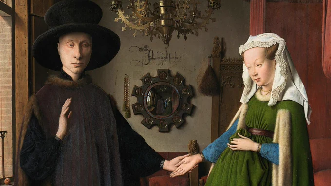 Jan van Eyck, The Arnolfini Portrait (1434). Oil on oak panel, 82.2 × 60 cm (32.4 × 23.6 in). National Gallery, London