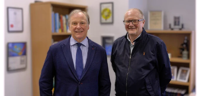 Image shows, from left to right, Professor Steven Bell and George Burton from the School of Chemistry and Chemical Engineering.