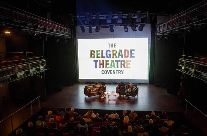Belgrade Theatre B2 Stage with Corey Campbell, Laura Elliott and Yamin Choudury sat on sofas.