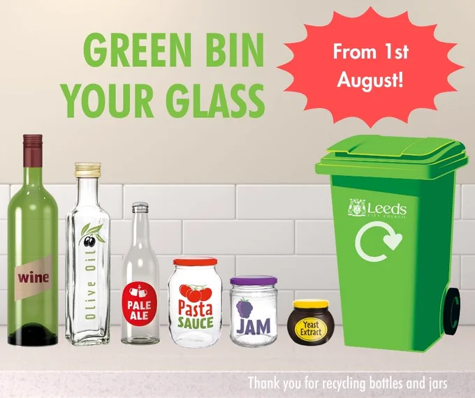 Graphic showing a green recycling bin, a range of bottles and the words 'green bin your glass from 1st August'