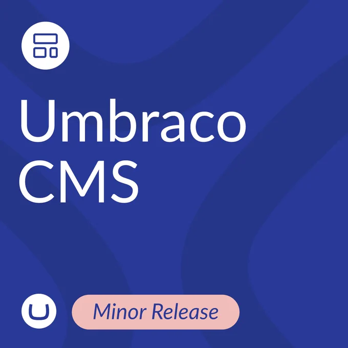 The image is a simple graphic predominantly in shades of blue with a central focus on text that reads "Umbraco CMS" in large white letters, indicating the name of a Content Management System. Above the text, there is a symbol that may represent a server or database, associated with digital infrastructure, also in white. At the bottom, there is a label in a contrasting pale color that says "Minor Release," which suggests that the graphic is announcing an update or new version of the Umbraco CMS.