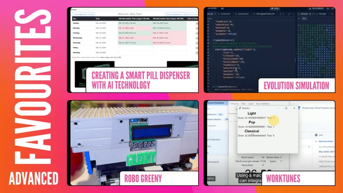 A pink and orange graphic with the thumbnail of four projects and the text 'Advanced favourites'.
