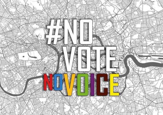 Black and white map of London with the text #NoVoteNoVoice.
