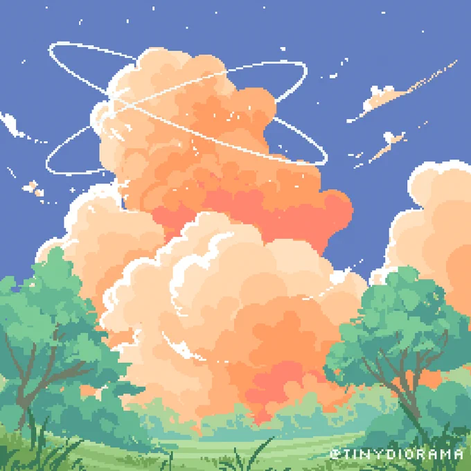 pixel art illustration of huge fluffy orange clouds with a pastel green meadow before it. light beams encircle the clouds.
