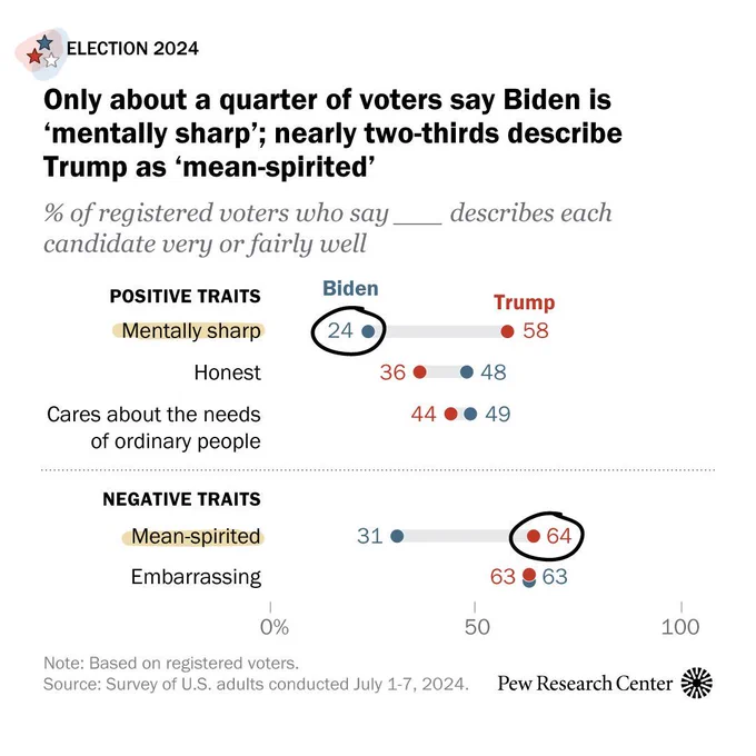 Chart shows Only about a quarter of voters say Biden is ‘mentally sharp’; nearly two-thirds describe Trump as ‘mean-spirited’