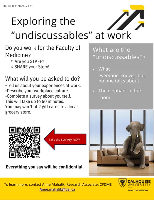 The image is a recruitment poster for a study titled "Exploring the 'undiscussables' at work" by Dalhousie University, Faculty of Medicine. It invites staff to share their stories and experiences at work, describe their workplace culture, and complete a survey about themselves, which will take up to 60 minutes. Participants may win one of two gift cards to a local grocery store. The poster defines "undiscussables" as things everyone knows but no one talks about, such as the elephant in the room. For more information, contact Anne Mahalik at Anne.mahalik@dal.ca. A QR code for the survey is provided.