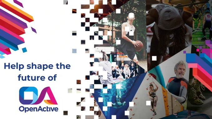 On the left half of the image is the text 'help shape the future of OpenActive.' On the right half of the image there is a montage of random geometric triangle shapes with photos of people taking part in a variety of different sports and physical activities within them. Sports include basketball, quad biking, parkour, yoga, climbing, swimming and surfing.