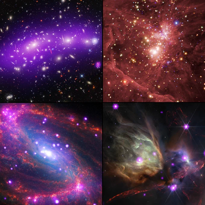 This image shows four composite images from NASA's Chandra X-ray Observatory and the James Webb Space Telescope, presented in a two-by-two grid. Top left, galaxy cluster MACS J0416. Top right, the Orion Nebula. Bottom left, spiral galaxy NGC 3627. Bottom right, cloud complex Rho Ophiuchi. Complete image descriptions for each are available in the thread below.