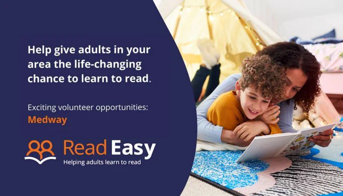 A woman and a young boy are lying on the floor, reading a book together. Text on left hand side of the image reads "Help give adults in your area the life-changing chance to learn to read. Exciting volunteer opportunities: Medway". The Read Easy UK logo is also on the page.