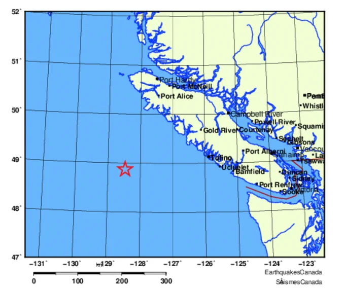 Map showing the location of this morning's M6.1 earthquake located about 200 km to the west of Tofino. Few people felt shaking due to the distance.
