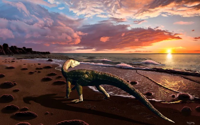 Benggwigwishingasuchus eremicarminis on the Panthalassan Ocean coast. Artwork by Jorge Gonzalez.
