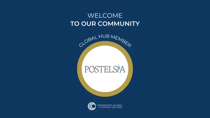 Welcome to Our Community above the words Global Hub Member with the logo of the organization we're welcoming, Postelsia, on a navy blue background. At the bottom, the logo of the Conservation Alliance for Seafood Solutions appears.
