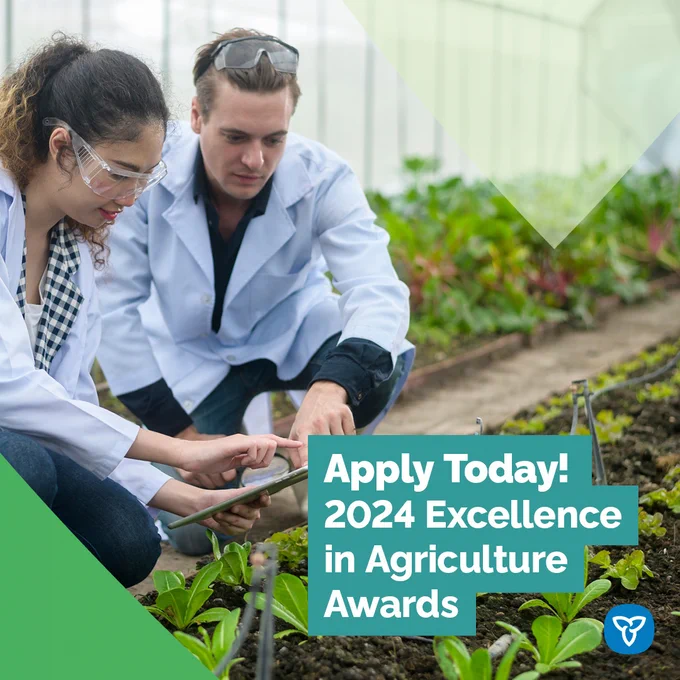 Image of two people working in a greenhouse with the text, “Apply today! 2024 Excellence in Agriculture Awards.”