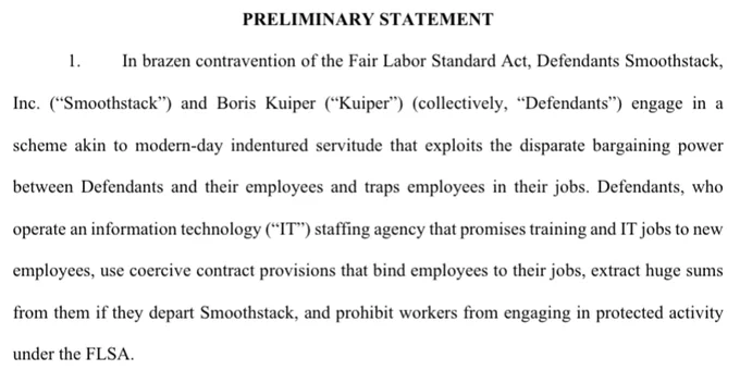 Screenshot of preliminary statement by U.S. Department of Labor in its lawsuit filing against Smoothstack. Within the text reads that the defendants engaged "in a scheme akin to modern-day indentured servitude that exploits the disparate bargaining power between Defendants and their employees and traps employees in their jobs."