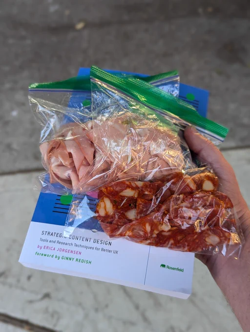 Photo of the book Strategic Content Design and two Ziploc bags of cured meat