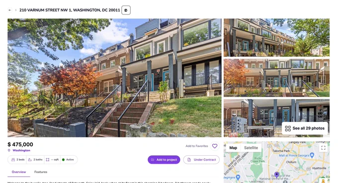 Web platform showing DC rowhomes in several photos and a map with real estate information.