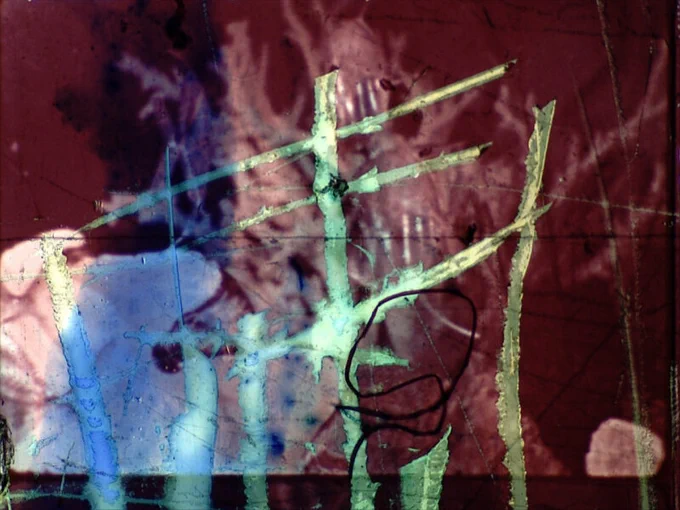 A scanned 16mm film still has been scratched leaving bold scratch lines in hues of pale yellow, blue and green against a burgundy red underwater scene.