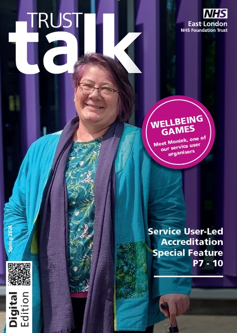 The front cover of Trust Talk magazine with a photograph of Moniek, a service user helping organise the first Bedfordshire Wellbeing Games.
