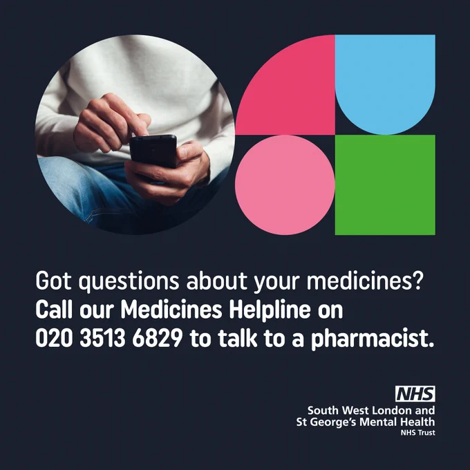 A photo of someone holding a mobile phone. The text reads: Got questions about your medicines? Call our Medicines Helpline on 020 3513 6829 to talk to a pharmacist.