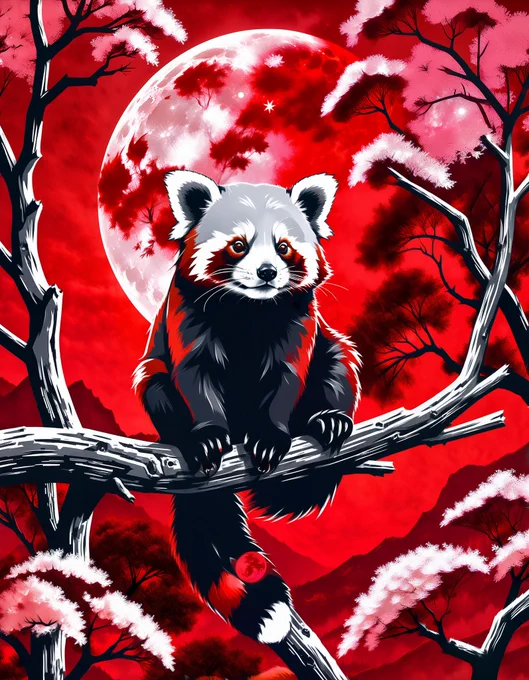 red panda on a red branch on a red tree in a red forest under a red sky and red moon, all red, only red --ar 3:4 
