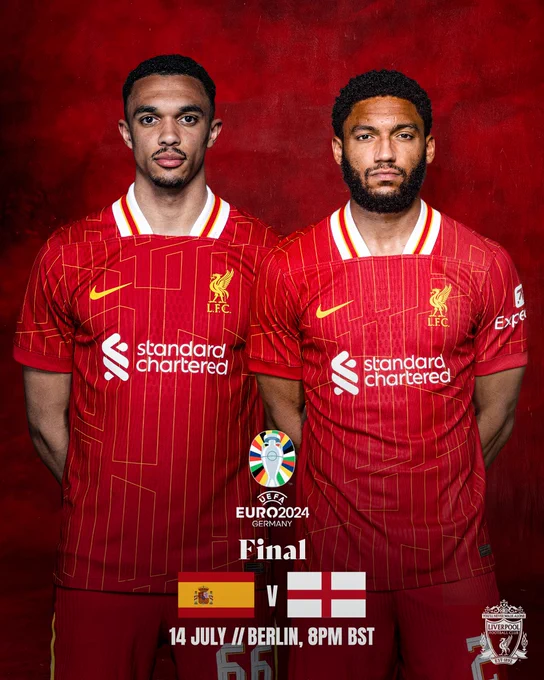 Fixture graphic for the EURO 2024 final between Spain and England featuring Trent Alexander-Arnold and Joe Gomez.

Match details:
Euro 2024 final
Spain vs England
14 July // Berlin, 8pm BST