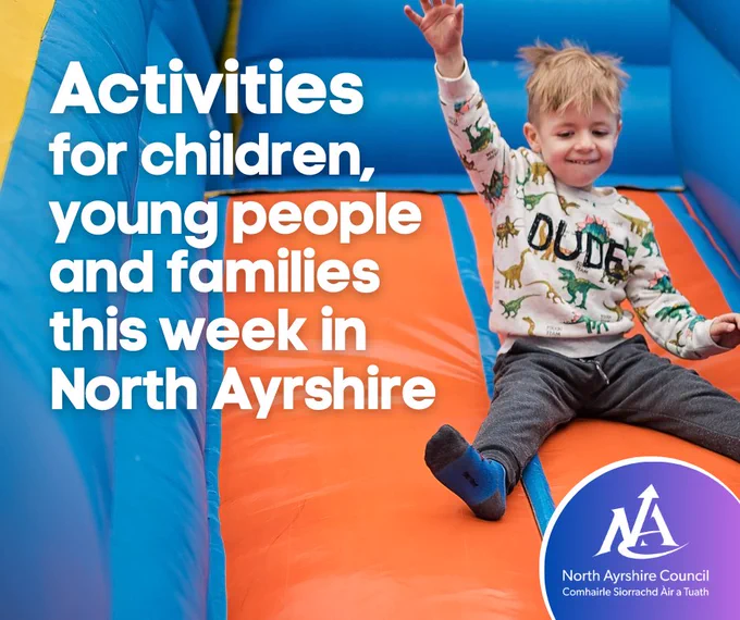 Image of boy on an inflatable with the text Activities for children, young people and families this week in North Ayrshire