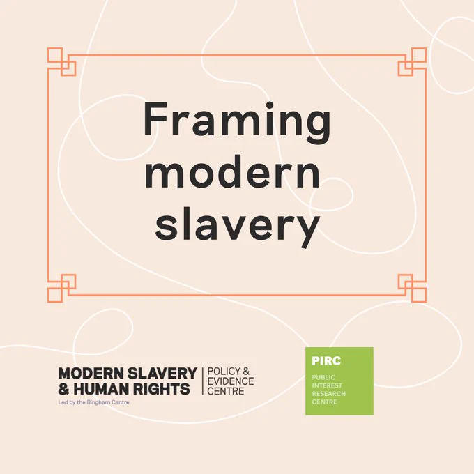 Orange rectangle with the words "Framing Modern Slaver" in the centre and PIRC's logo and Human Slavery & Human Rights logo at the bottom